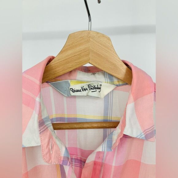 DIANE VON FURSTENBERG Womens Size LG Vintage Short Sleeve Plaid Button Up Shirt - Picture 2 of 5